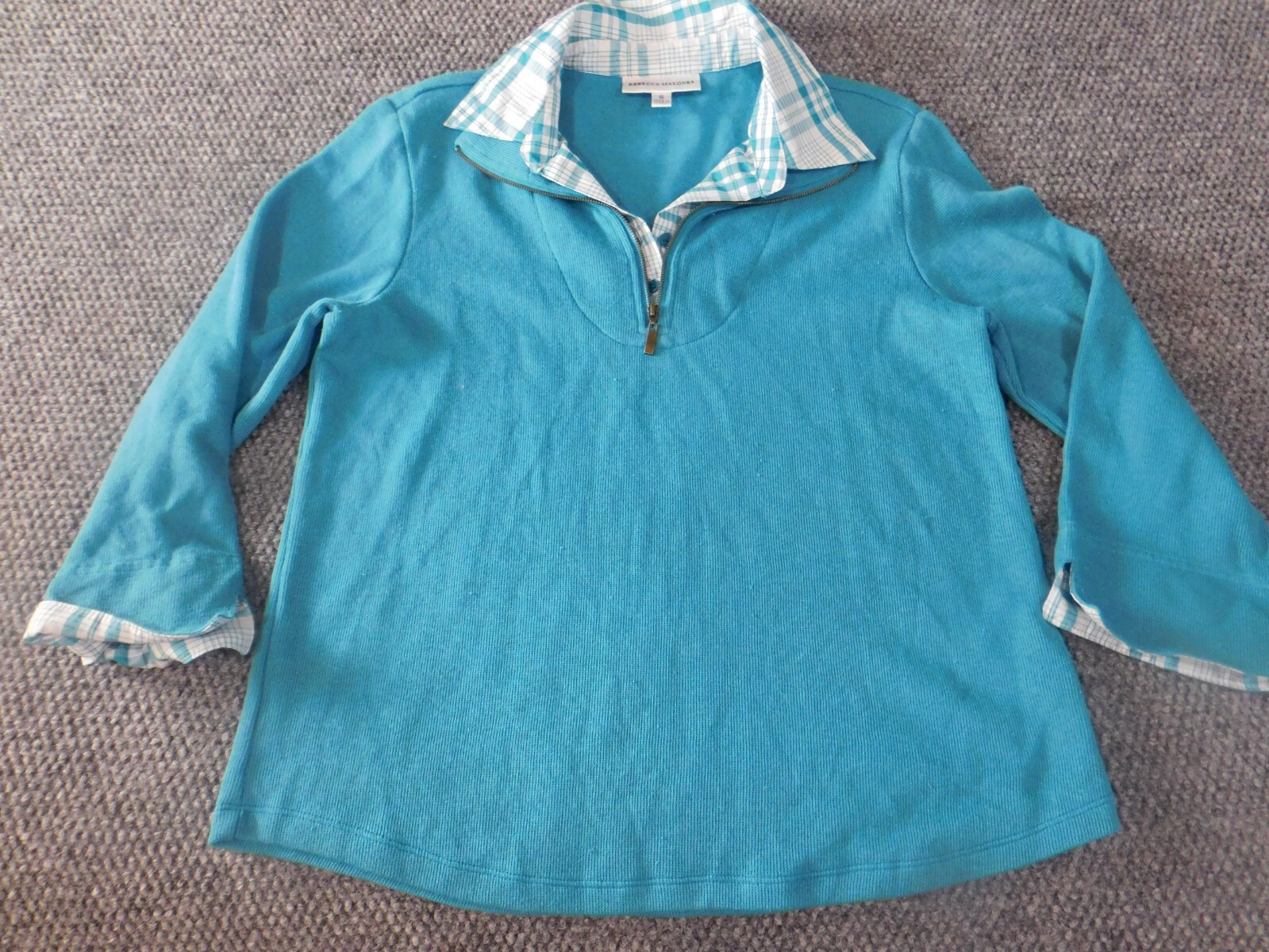 Rebecca Malone Womens Top Small Blue stretch Zip Blouse pullover lined collar