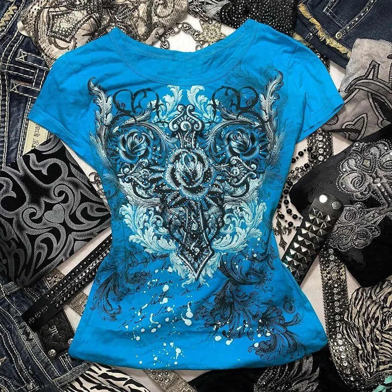 Women’s Y2k Grunge T-Shirts 2000s Vinage Rhinestone Print Heart Rose T-Shirt