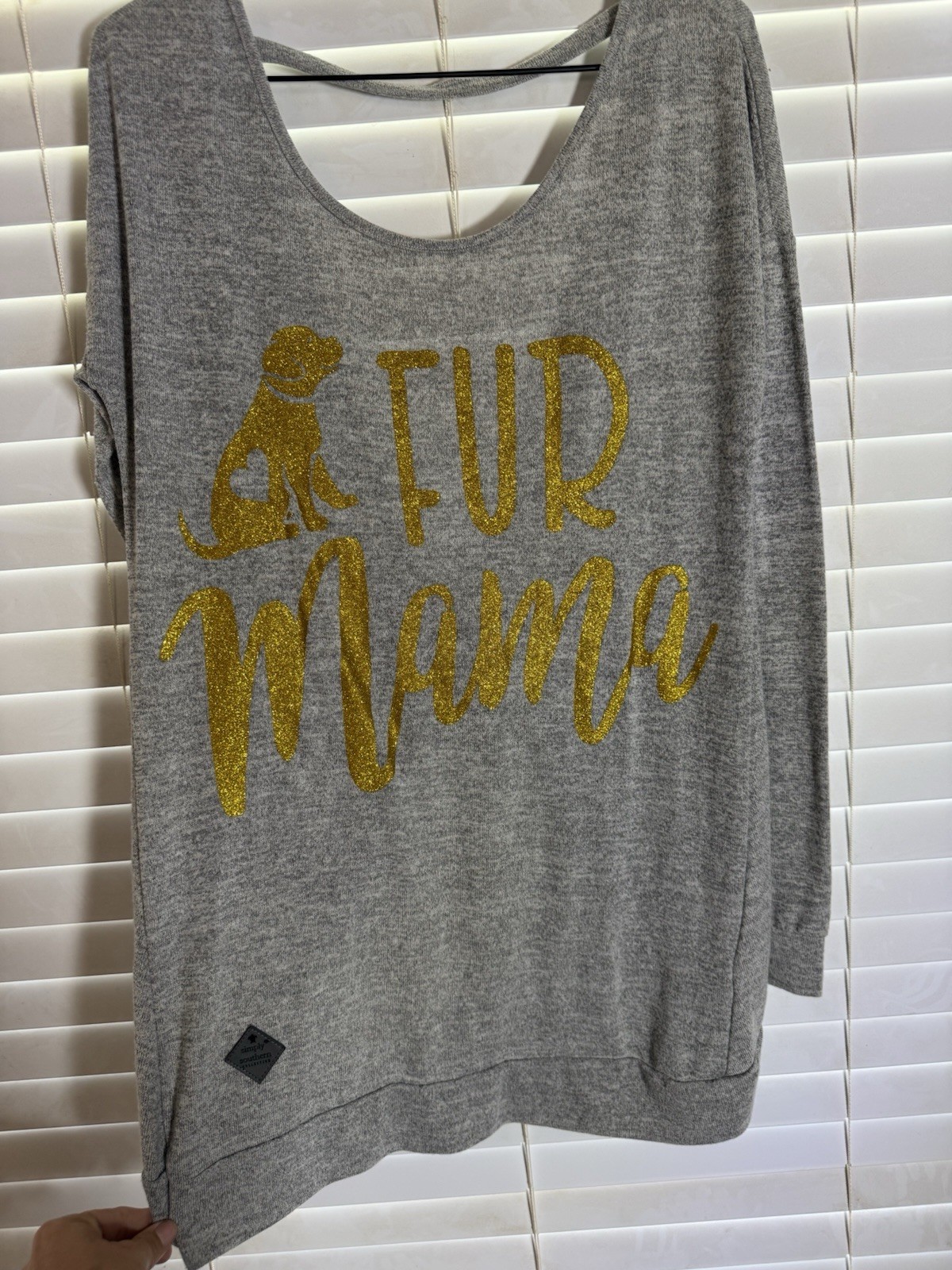 Simply Southern Gray Knit Gold Glitter Dog Graphic Scoop Neck Top 3/4 Sleeve S