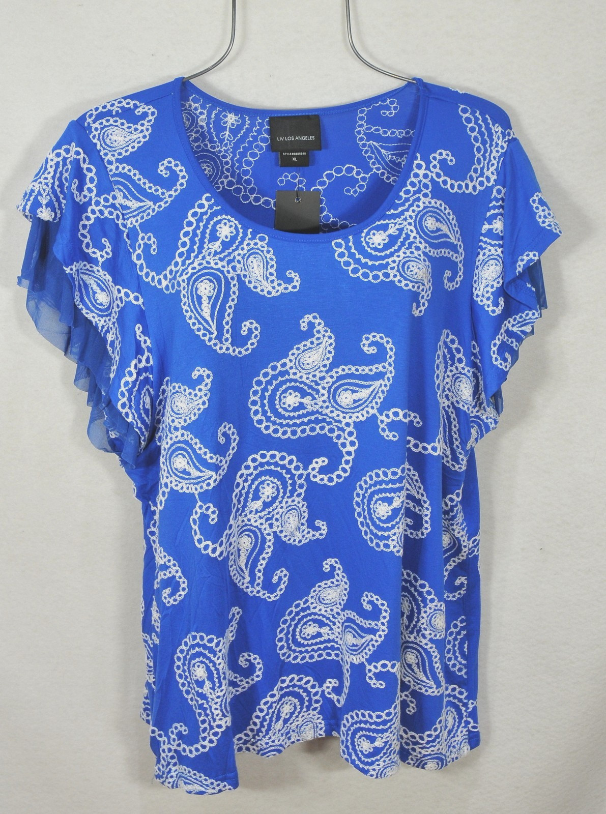 Liv Los Angeles Women’s Blouse XL Blue Paisley Embroidered Flutter Sleeve NWT