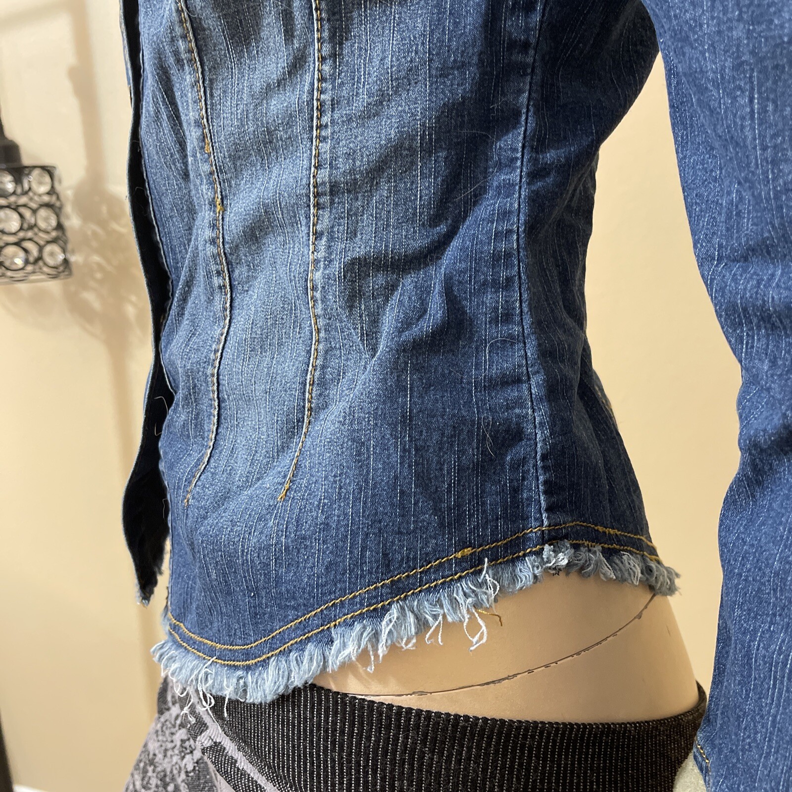 Women’s Blue Denim Cotton Velvet Patch Embroidered Buttons Size S Blouse Top