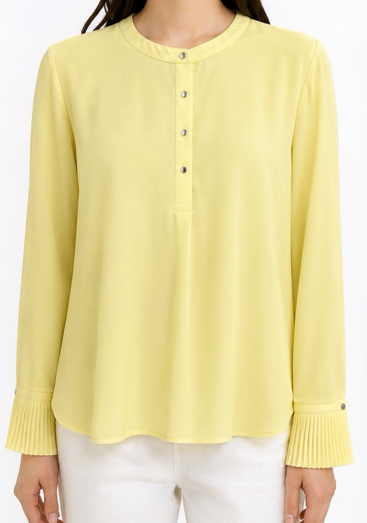 Calvin Klein Women’s Yellow Long Sleeve Blouse Pleated Cuffs Button Front Top L