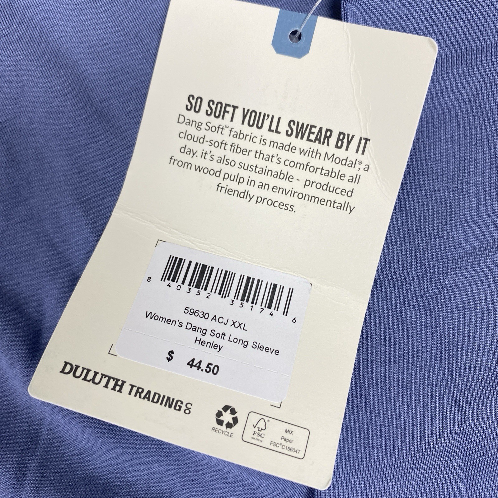Duluth Trading Co Women 2XL Dang Soft Long Sleeve Henley Shirt Blue Pullover