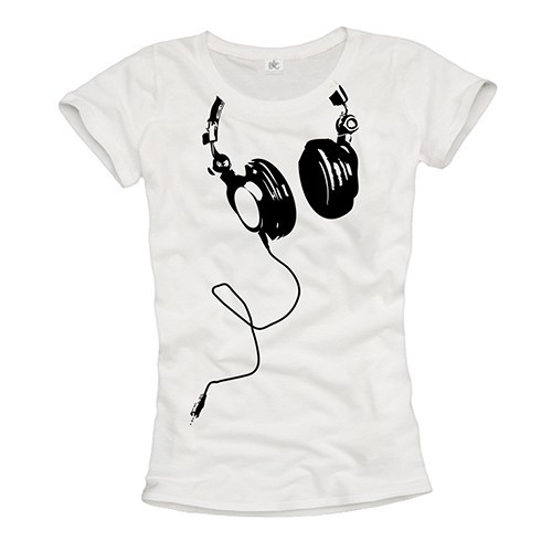 ELECTRO HOUSE MUSIC WOMENS T SHIRT WITH DJ HEADPHONES – TOP PARTY GIRL TEE WHITE