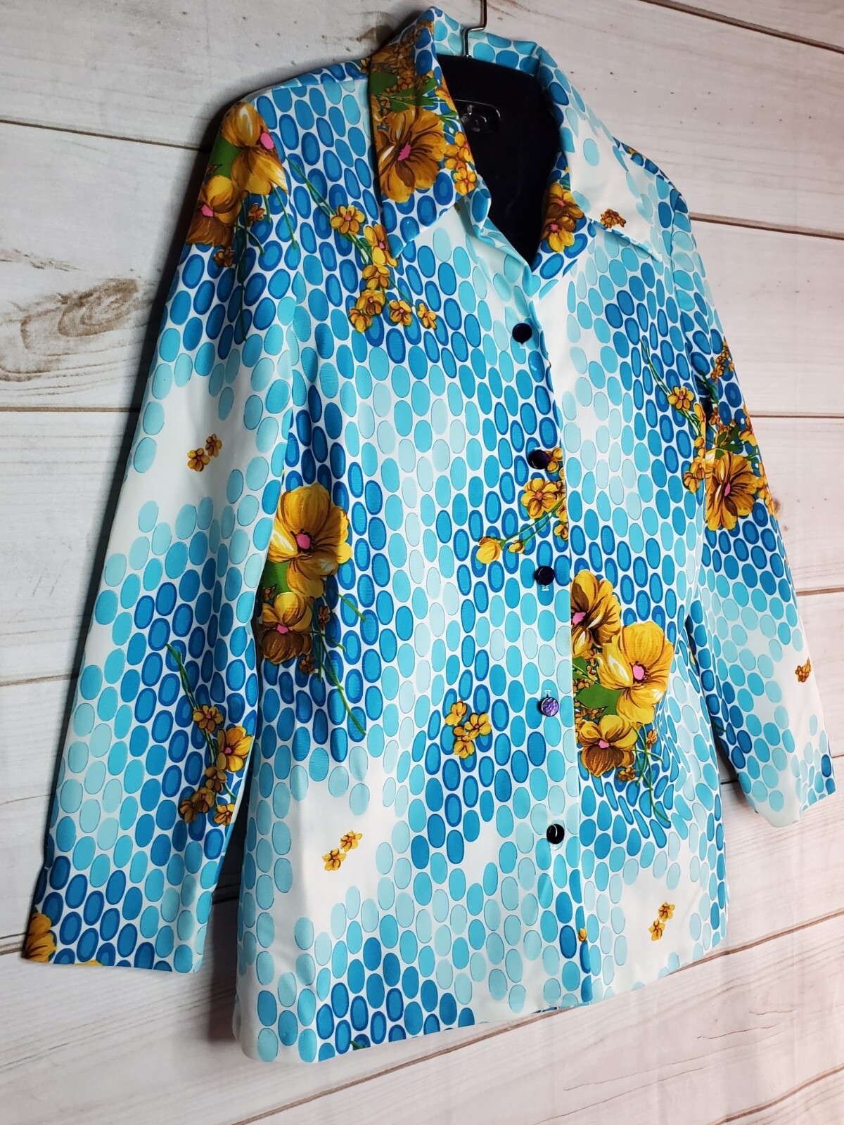 Vintage Hippie Shirt 60s 70s Polyester Flowers Boho Blue Retro Pointed Collar