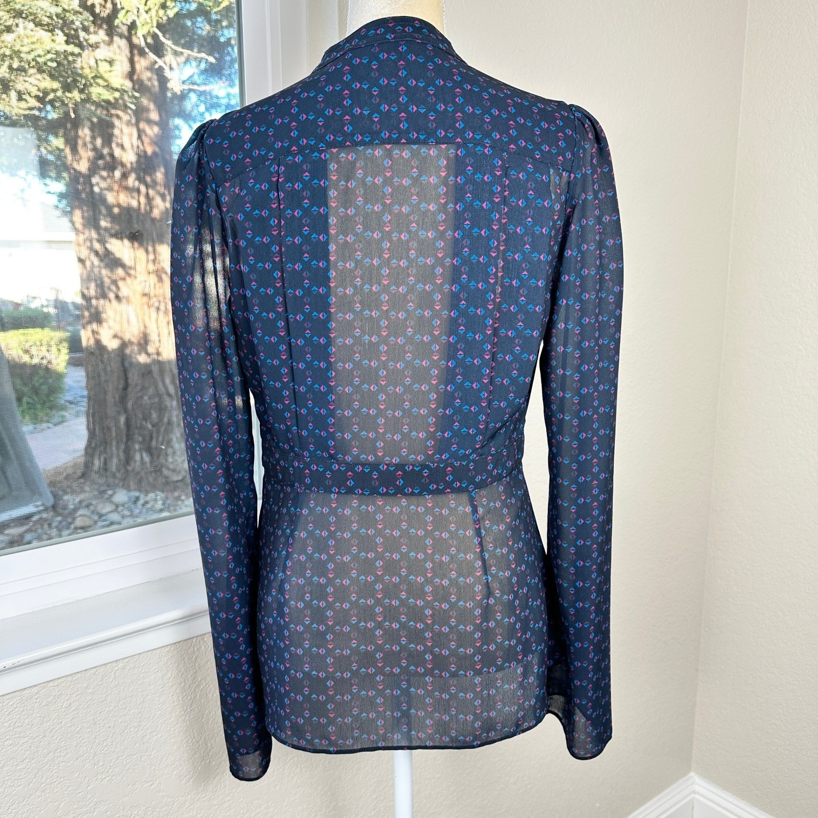 Derek Lam Collective Tie Blouse Womens 6 Blue Geometric Print Sheer Luxury Chic