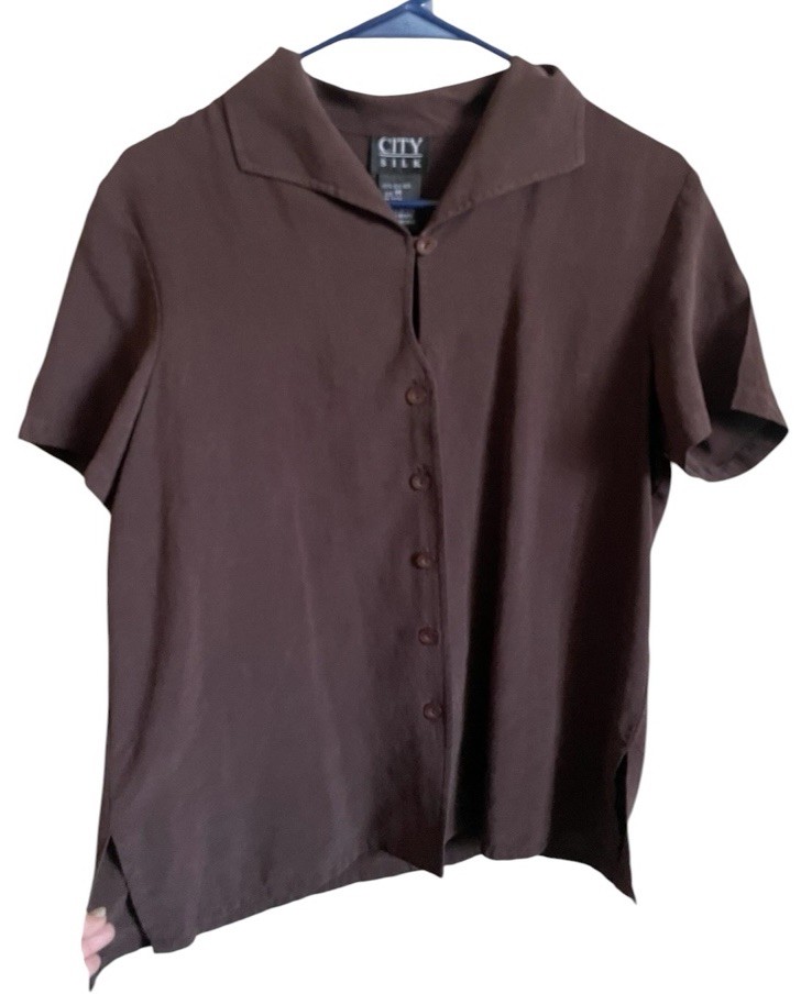 Vintage City Silk Brown 100% Sandwashed Silk Button Down Blouse Shirt Medium M