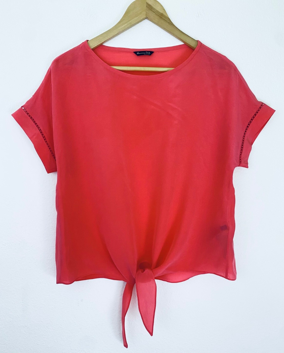 Massimo Dutti Womens Hot Coral Pink Mulberry Silk Top Size M Tie Front Vibrant