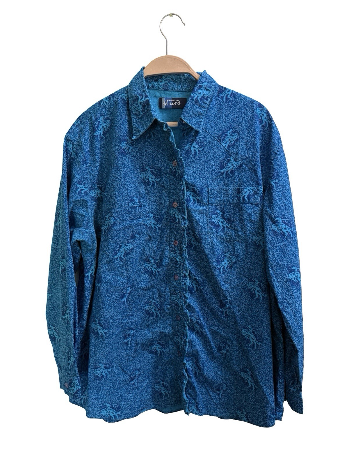Wrangler Blues Shirt Women L Blue Horse Print Western Rodeo Ranch Festival