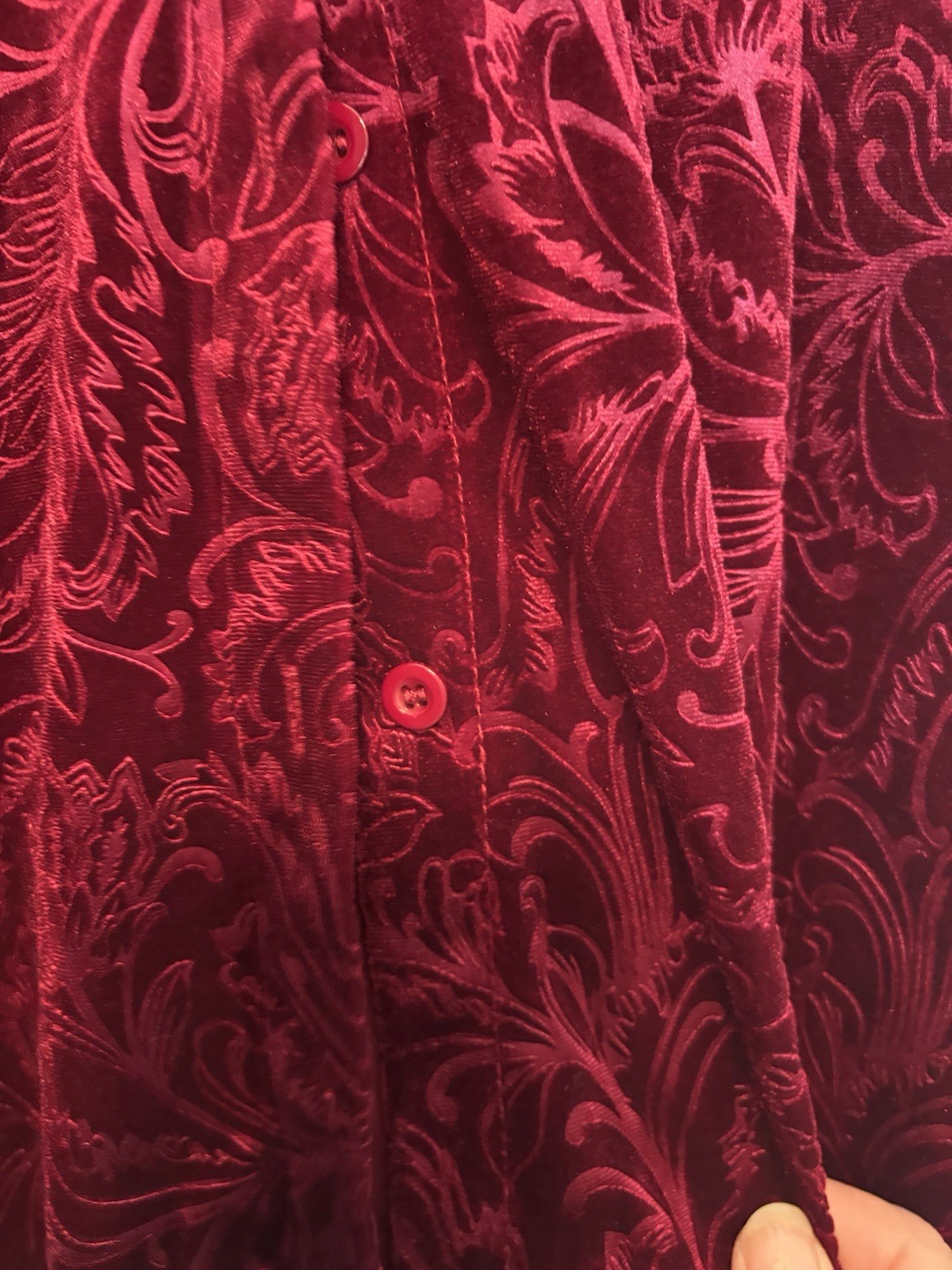 Floral Embossed Red Velvet Button Up Top L Ruffle Smocked Cuffs Goth Romantic