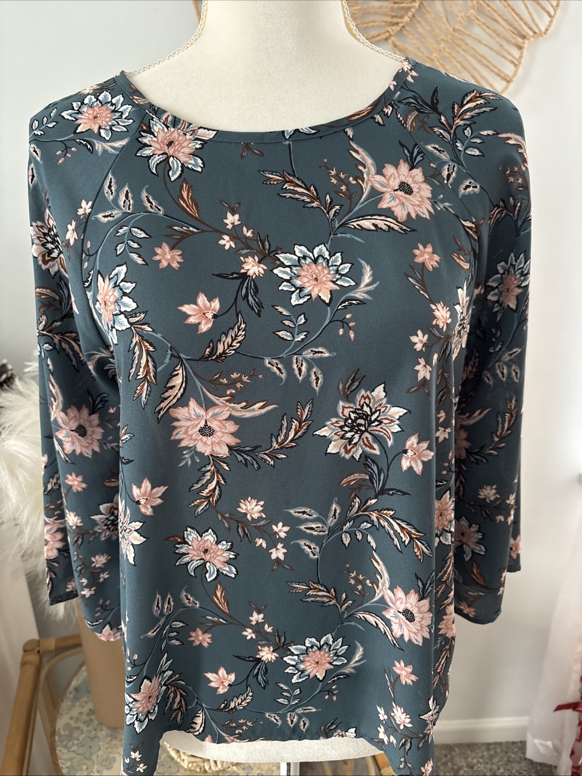 Papermoon Stitch Fix Blouse Top Shirt Dark Turquoise Floral 3/4 Sleeve Small S