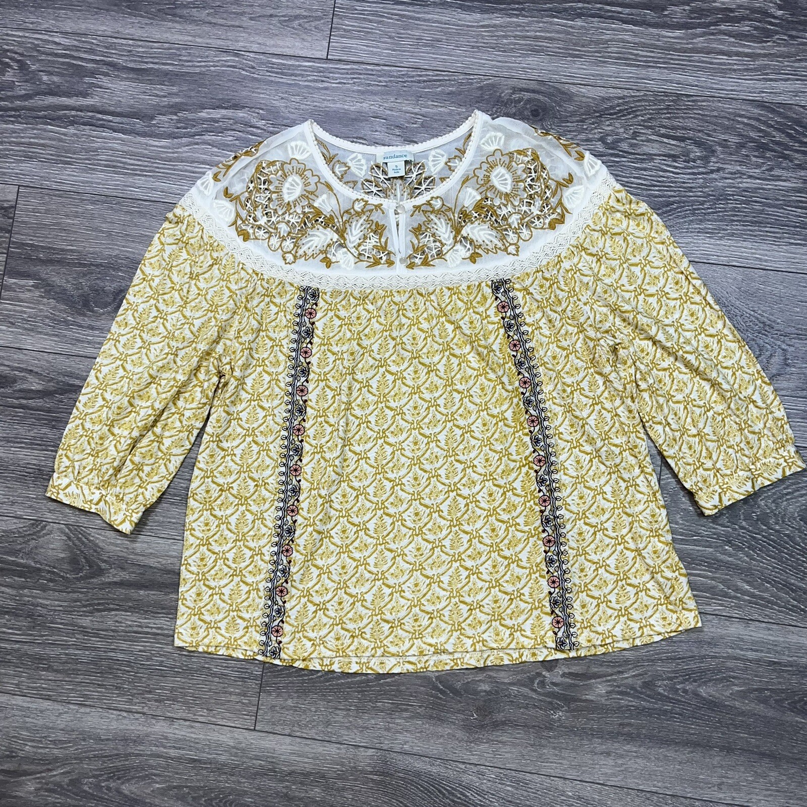 Sundance Floral Western Embroidered Peasant Blouse Shirt Yellow Oversized S