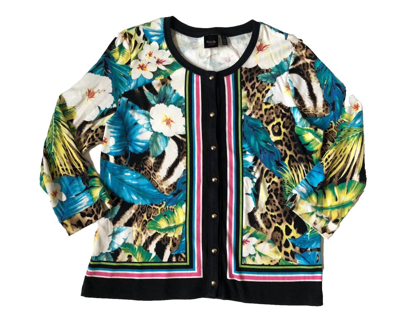 Rafaella Studio Size XL Cotton Tropical Floral Animal Print Mix Cardigan Sweater