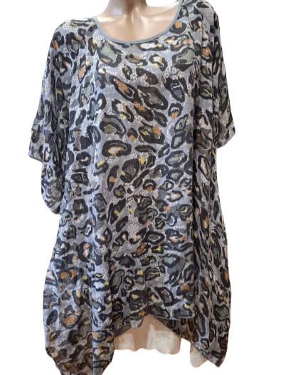 Made in Italy Abstract Animal Print Linen Look Tunic Blouse Lagenlook Oversize