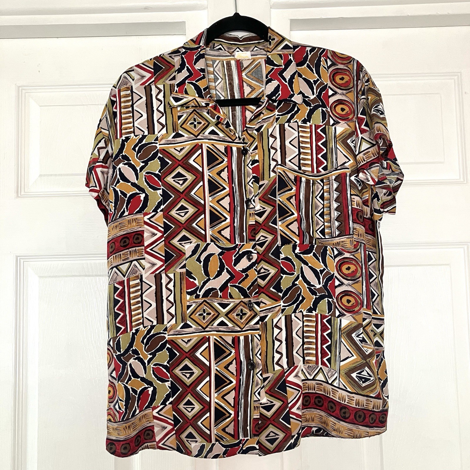 Vintage Etam 90s Abstract Print Blouse Red Green Brown Approx UK 16 *See Desc*