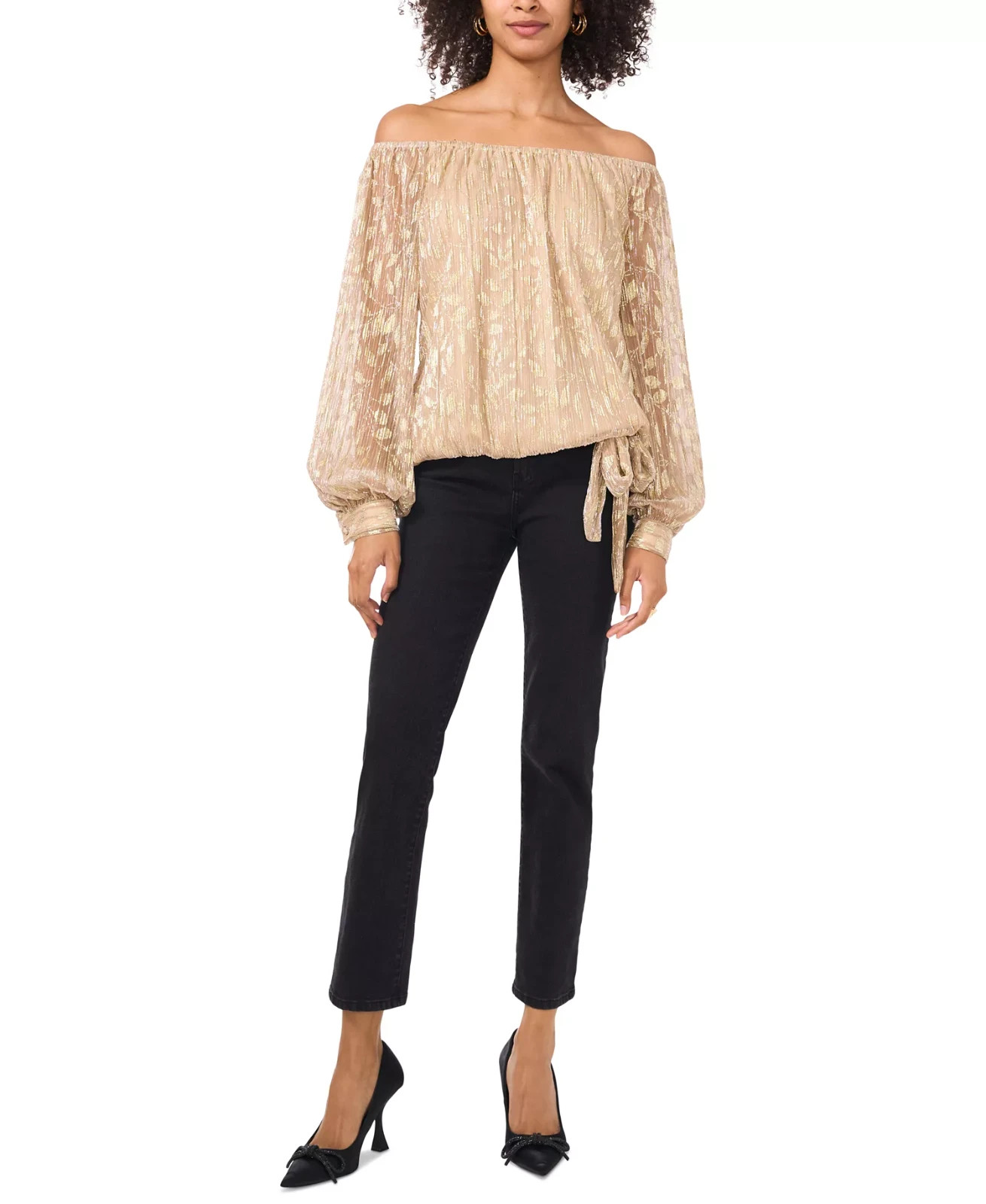 Vince Camuto Women’s Metallic-Print Off-the-Shoulder Tie-Hem Top (Gold, Size S)
