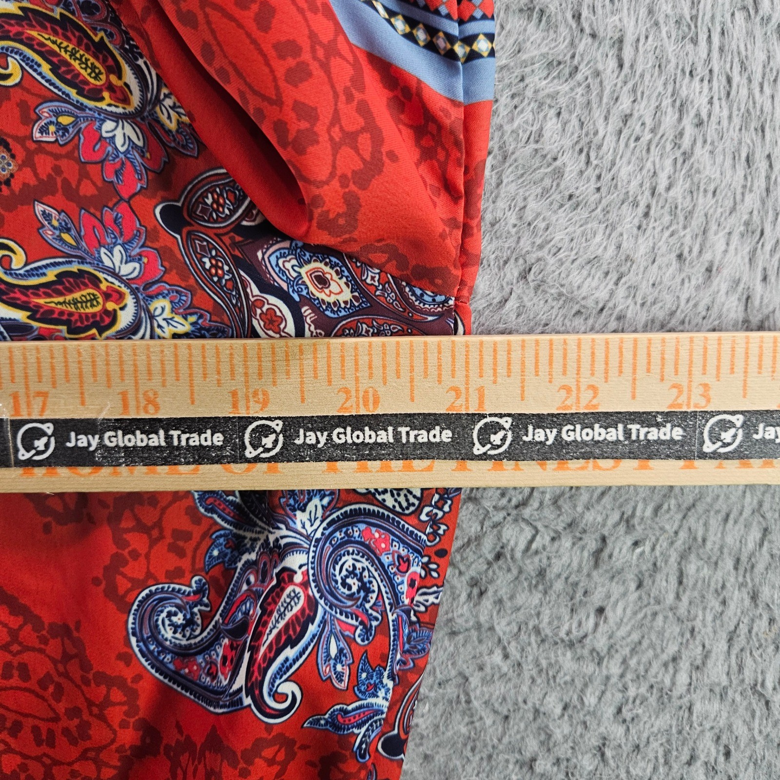 Reba Red Paisley Beaded V-Neck Balloon Sleeve Smocked Tie Hem Blouse Large