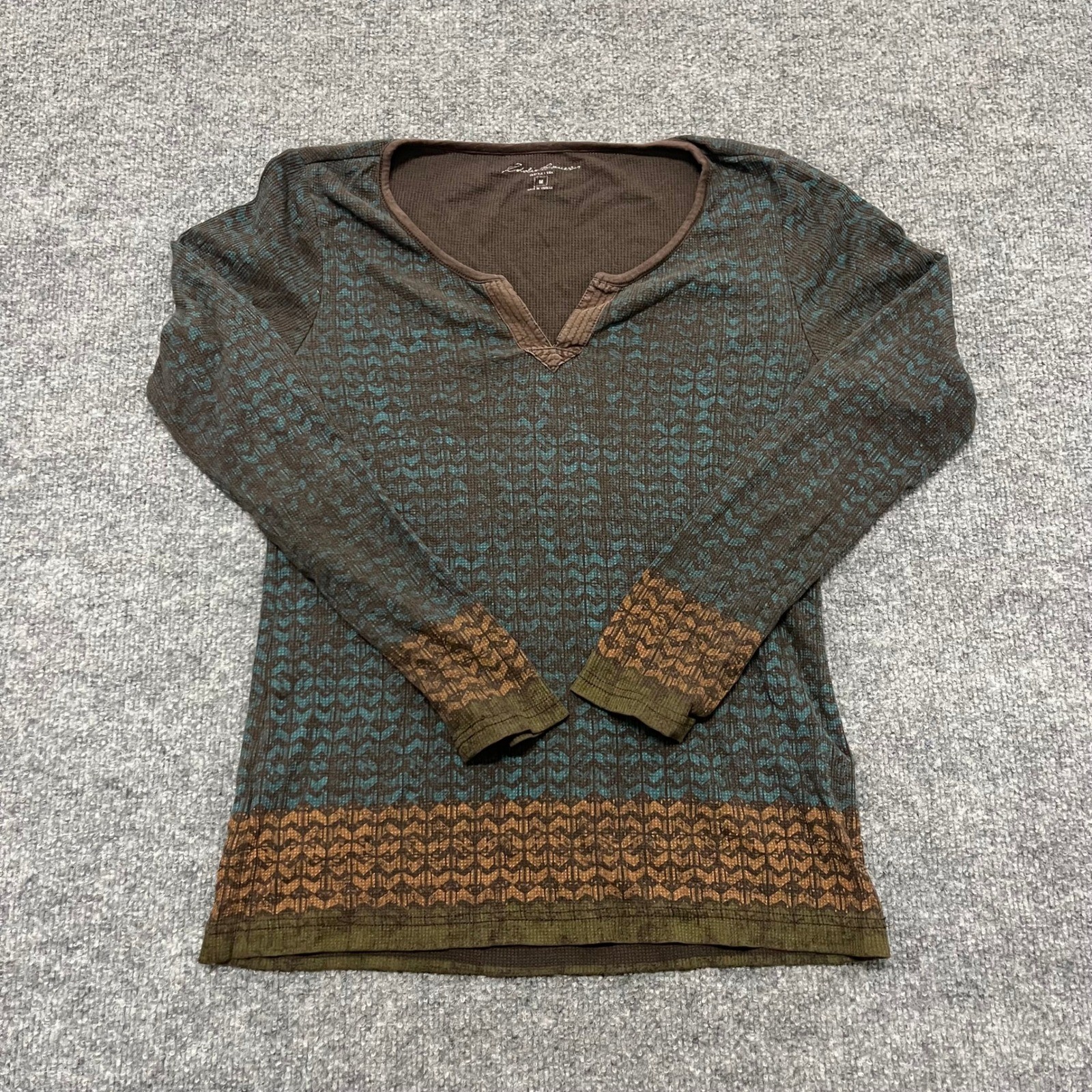 Eddie Bauer Top Womens Size M Brown Waffle Knit Thermal Geometric Notch V-Neck