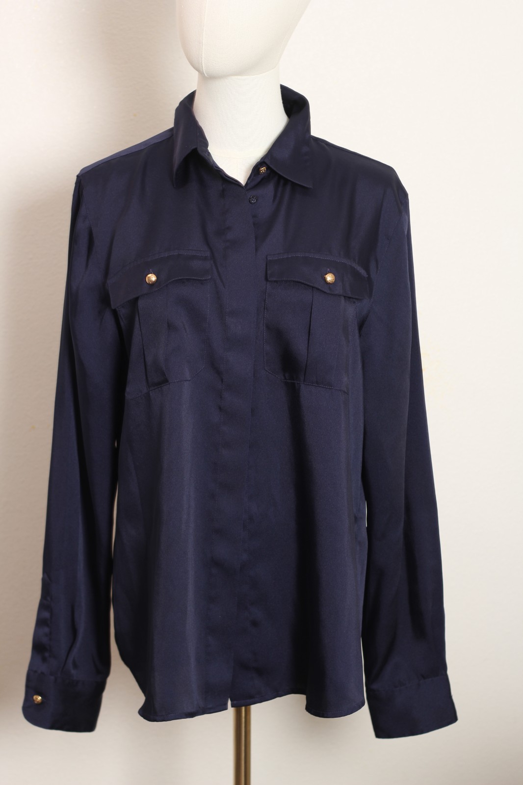 lauren Ralph lauren blouse women’s large navy blue gold tone buttons