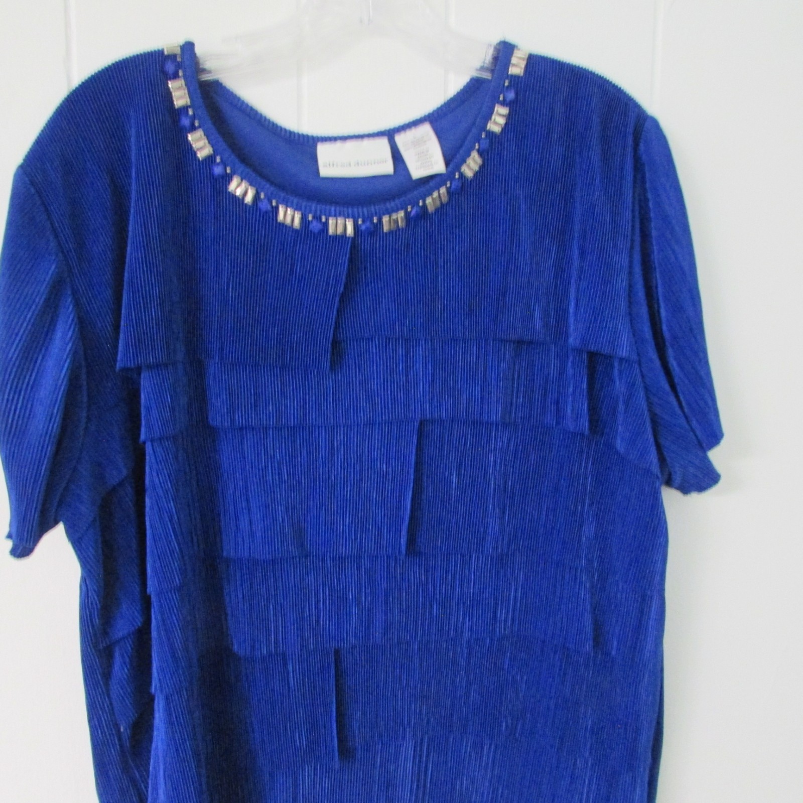 Alfred Dunner Cobalt Blue Pleated Beaded Top Women L Dressy SS