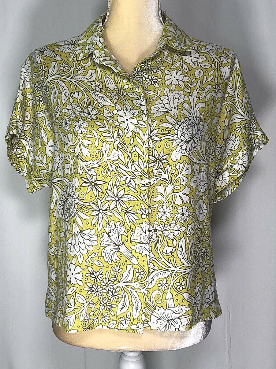 Rachel Ashwel Women Blouse Shirt Top Small 100% Linen Button Down Yellow New