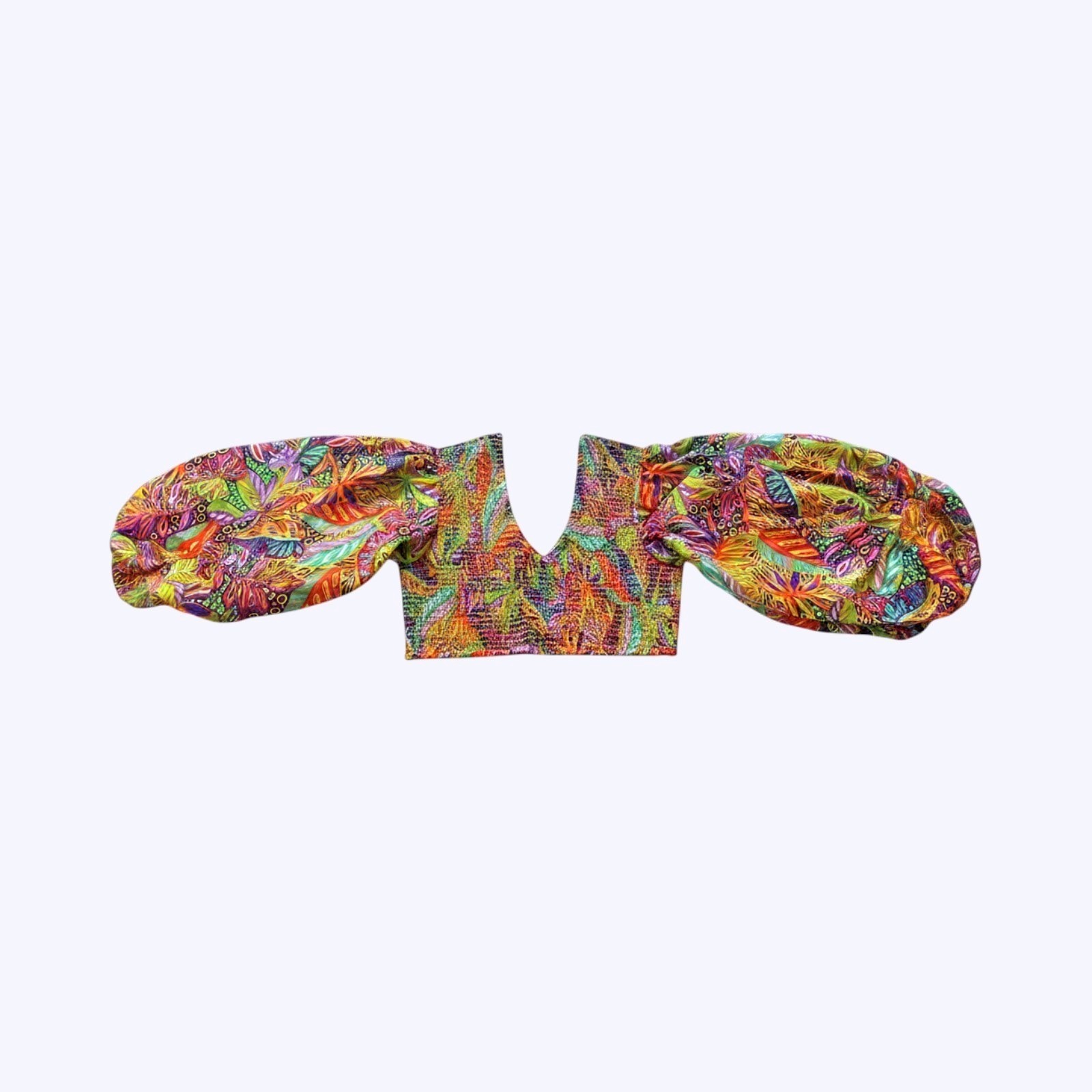 Boho Smocked Crop Top L Puff Balloon Sleeves Colorful Tropical Print
