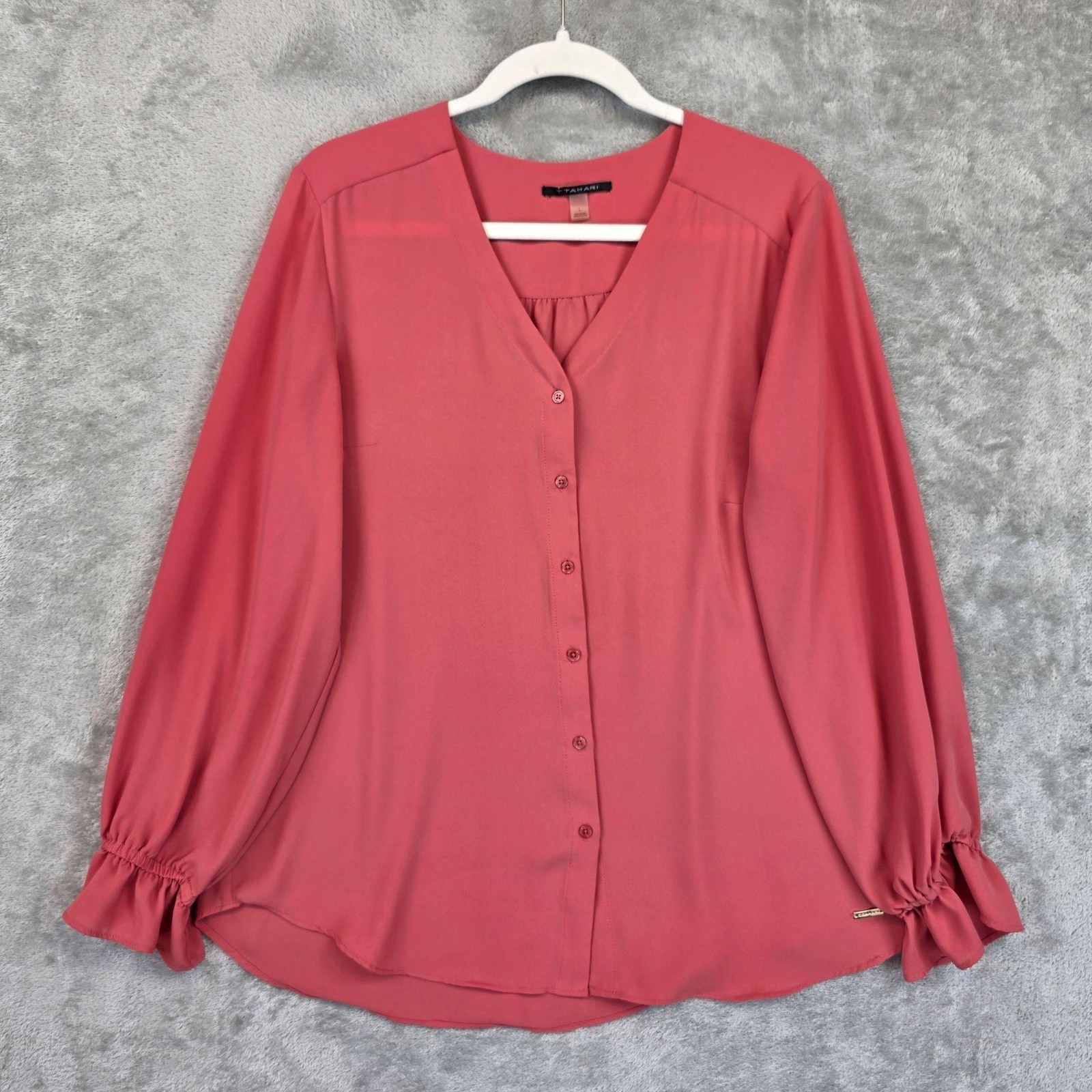 T Tahari Blouse Womens L Pink V Neck Long Sleeve Button Front Ruffle Cuff