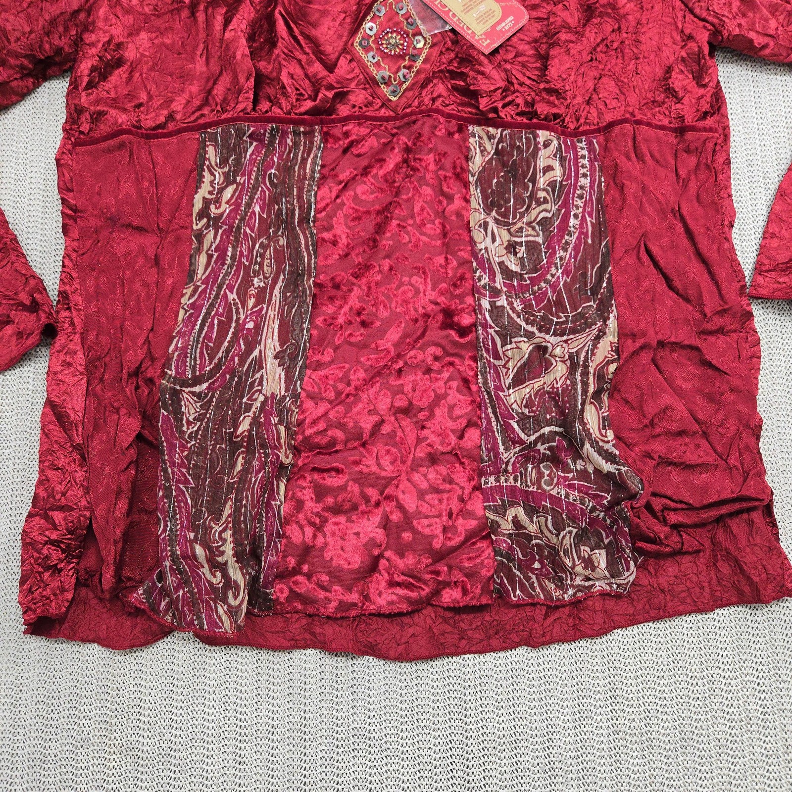 Faded Glory Shirt Womens Plus 18W 20W Red Boho Crinkle Tunic Blouse Embellished