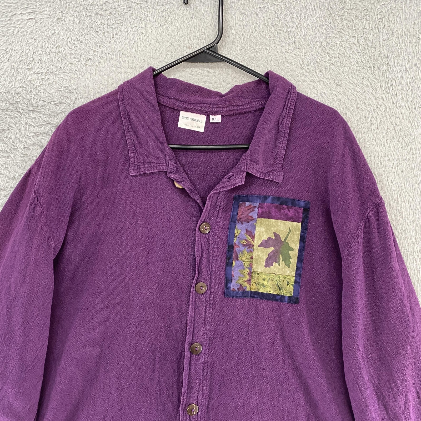 Brie Kriebel Shirt Womens 2XL Purple Quilted Leaf Patchwork Art Top Cotton