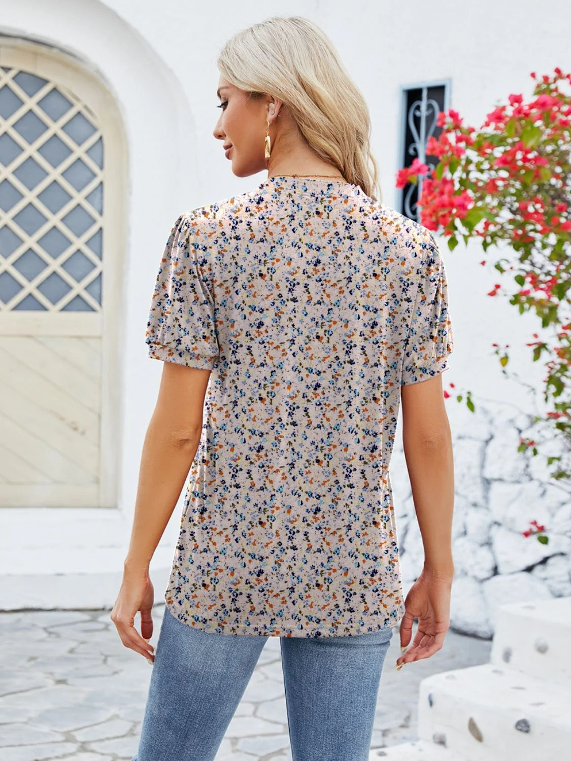 Women Ruched Printed Notched Short Sleeve Blouse