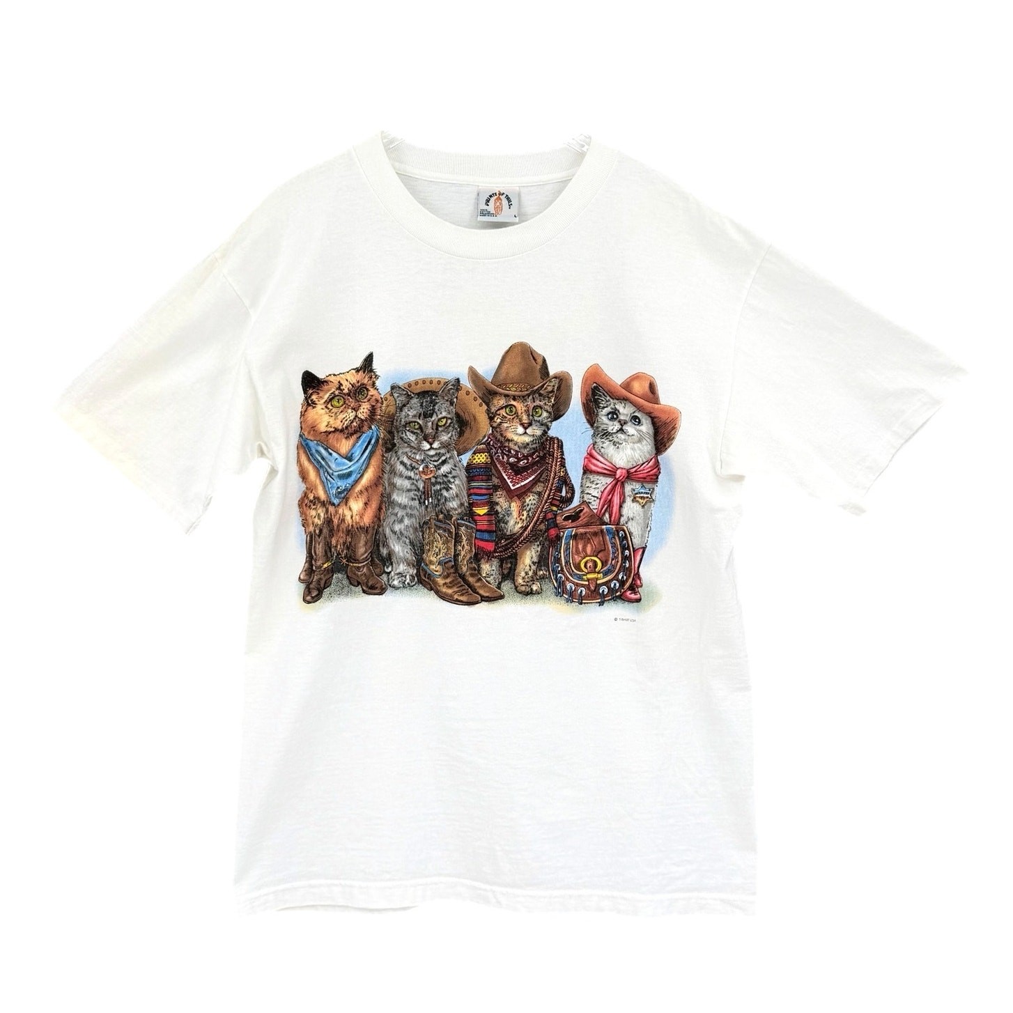 Vintage Prints of Tails Lg Cowboy Cats 90s Cotton Illustration Western T-shirt