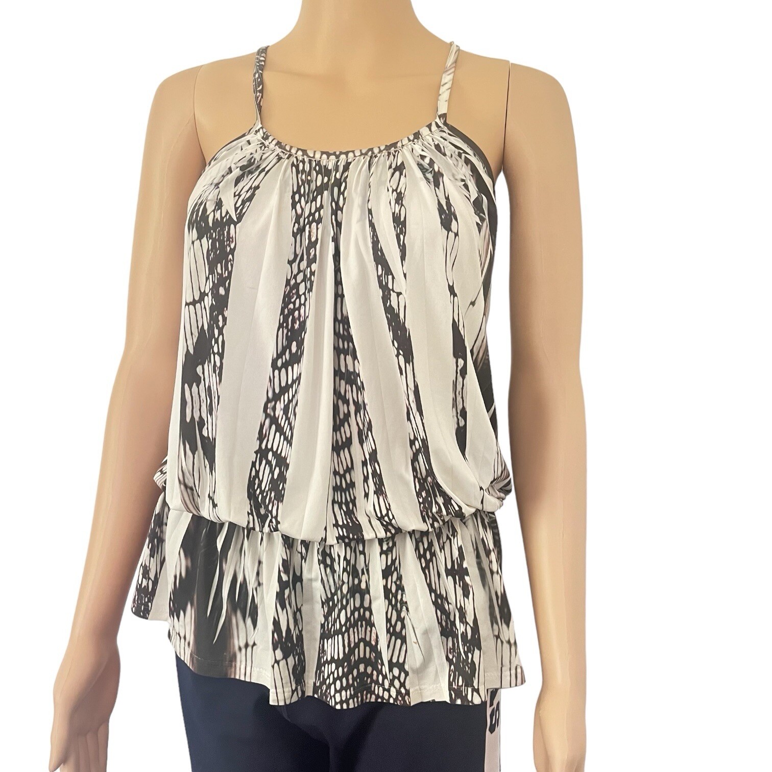 Charlotte Russe retro cami white/black straps ruched front elastic waist Women S