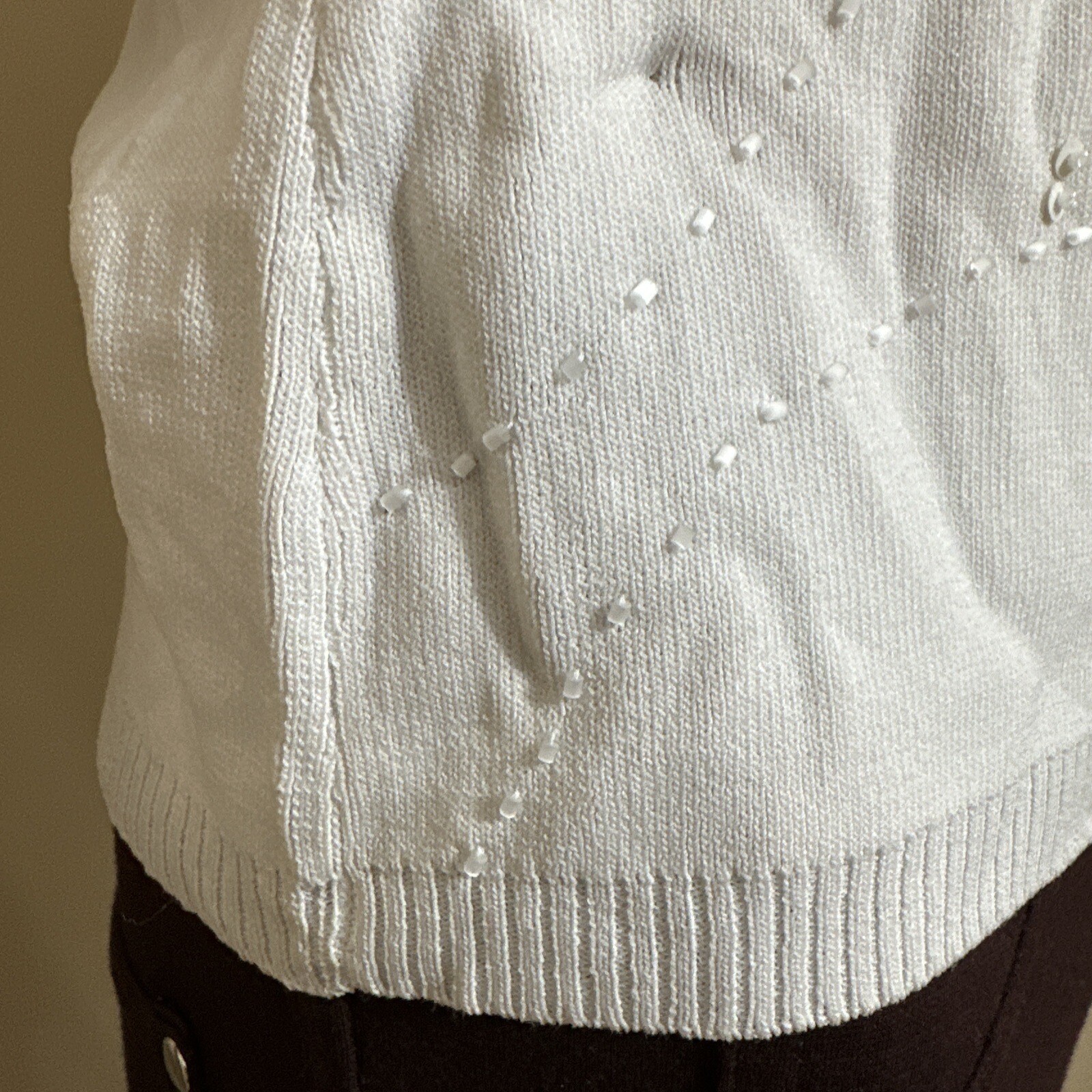 Women’s White Nylon Acrylic Casual Summer Stretch Slim Beaded Size S/M Blouse