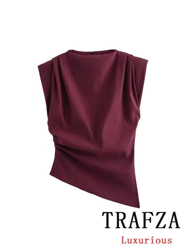 Vintage Chic Women Solid Asymmetric O-Neck Zipper Sleeveless Cross Folds