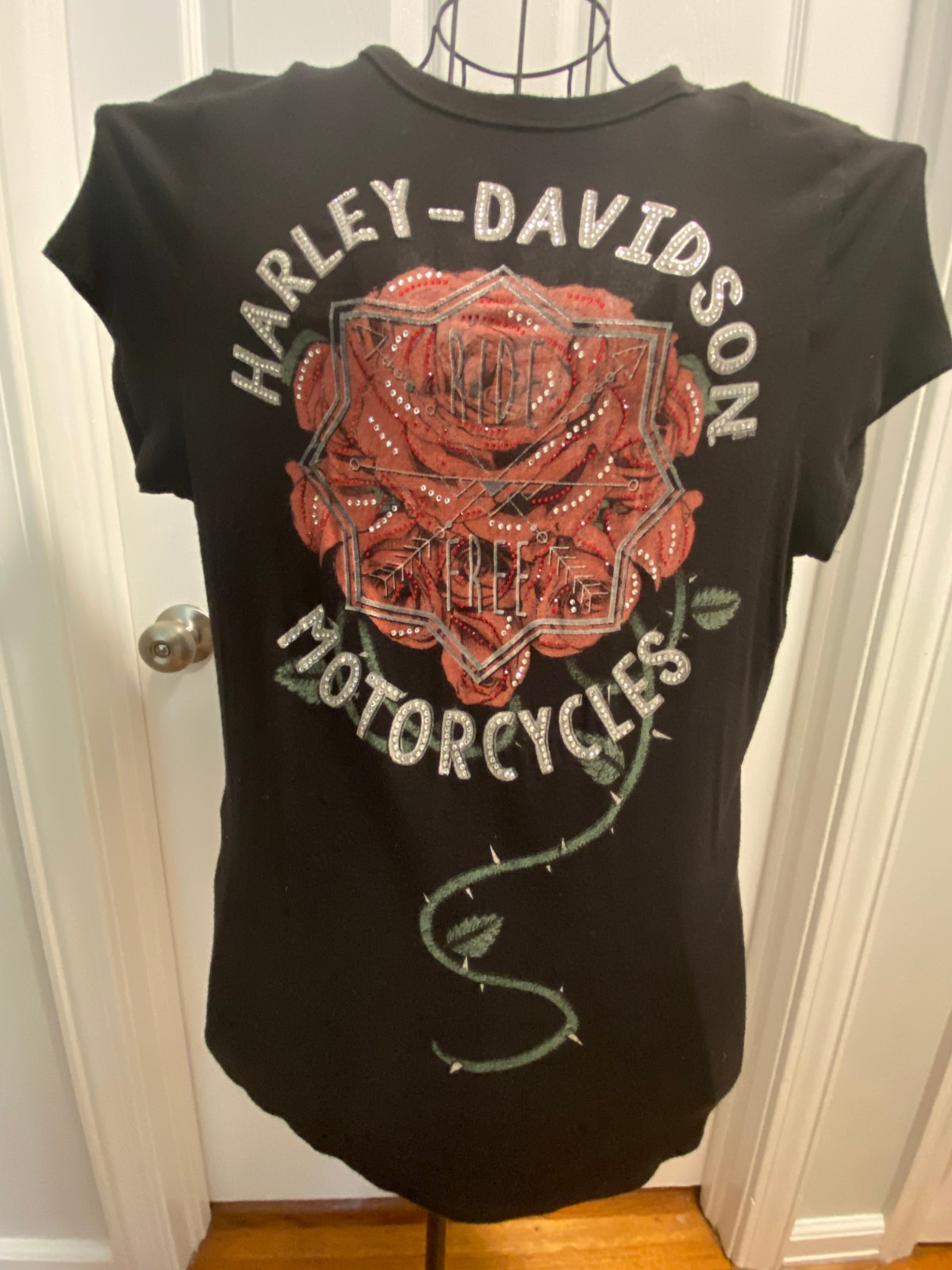 HARLEY DAVIDSON Women’s XL Black Cap-Sleeve Rhinestone Rose T-Shirt