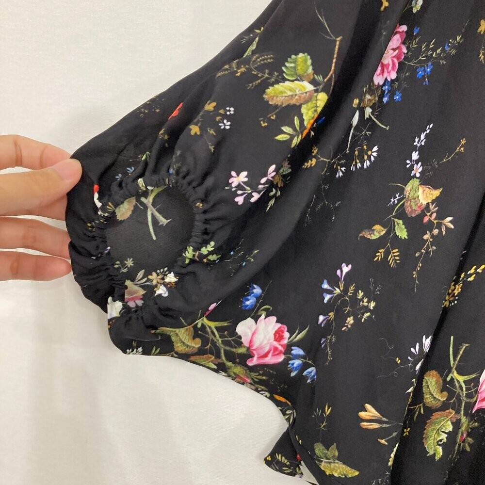 ACROBAT Medium Dark Floral V Neck Dolman Sleeve Pure Silk Blouse Feminine