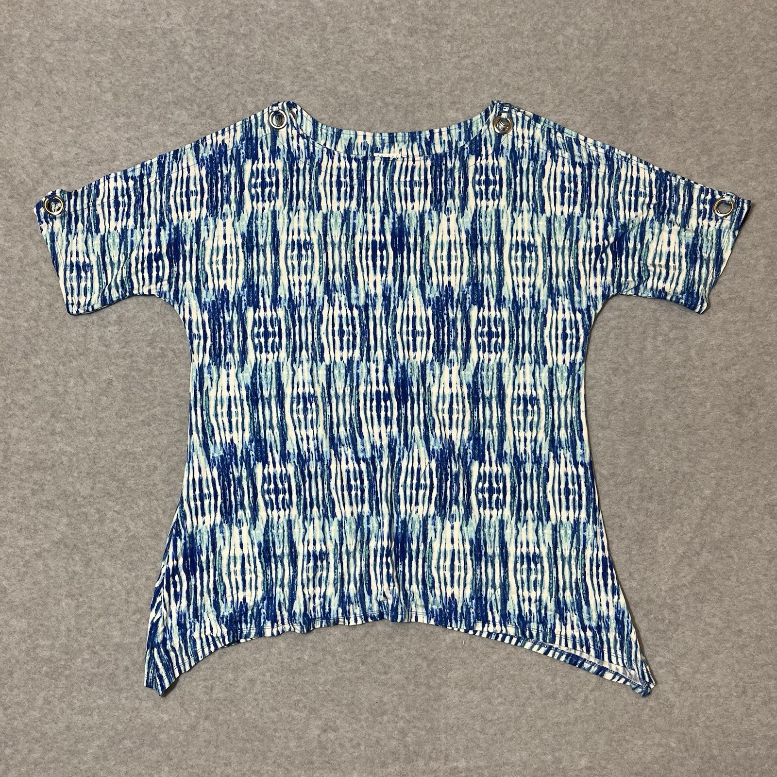 Spense Women’s Blue & White Blouse Size XL w/ Peekaboo Shoulders & Silver Rings