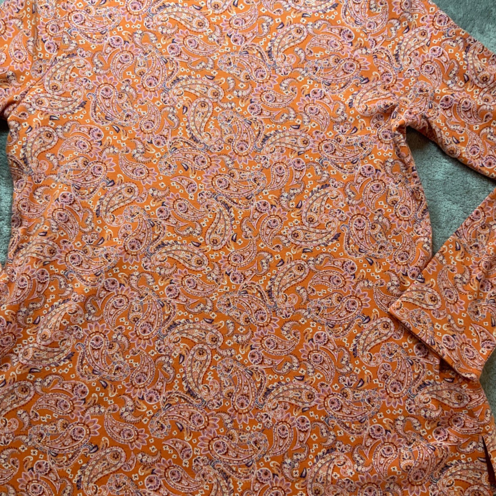 J. Jill Womens Orange Paisley Pima Cotton Long Sleeve Crew Neck Tee Size M