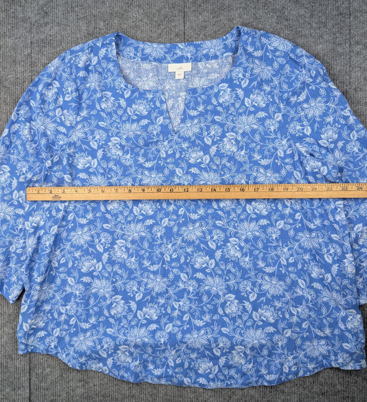 J Jill Linen Blouse Womens Large Blue Floral Boho Coastal Beach Summer Resort