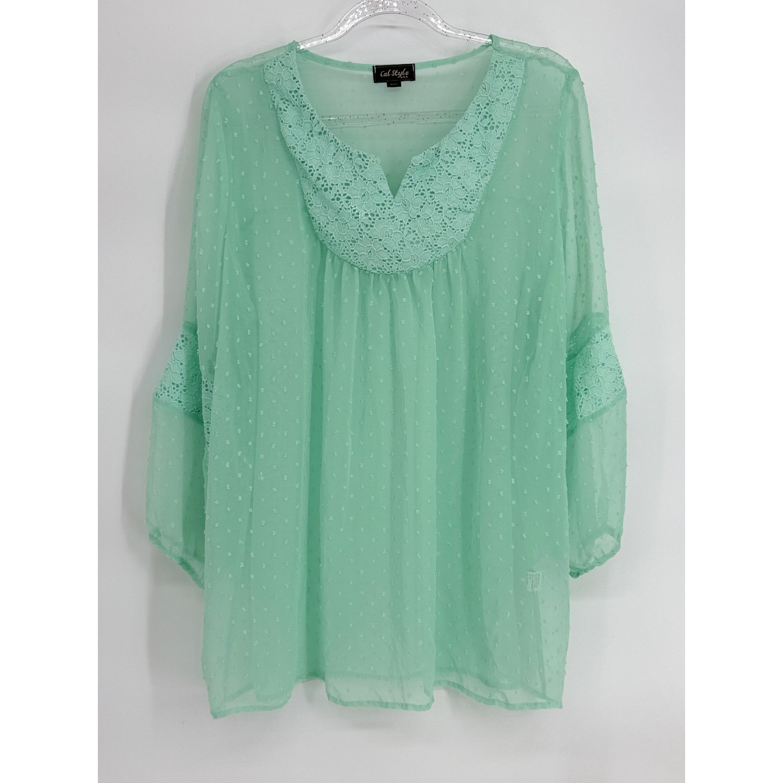 Cal Style USA Mint Green Swiss Dot Lace Trim Boho Blouse Plus Sz 3XL V-Neck