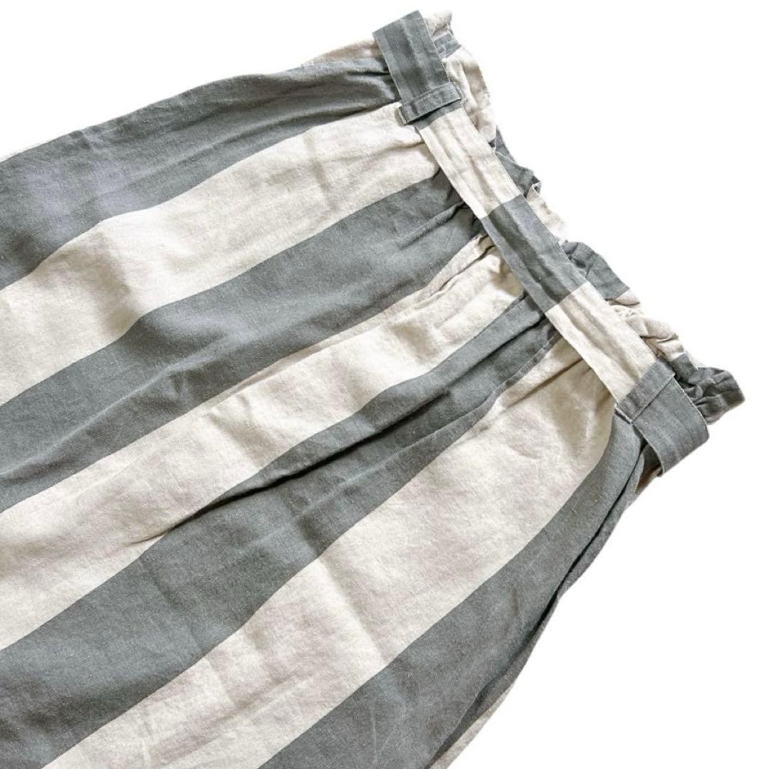 Ichi Antiquites Linen Knee-Length Skirt Beige Gray Stripe Elastic Waist