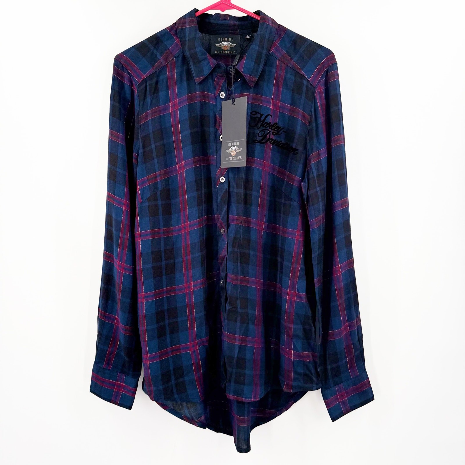 HARLEY DAVIDSON Shirt Medium Womens Flocked Roses Plaid Motorcycle Button NWT