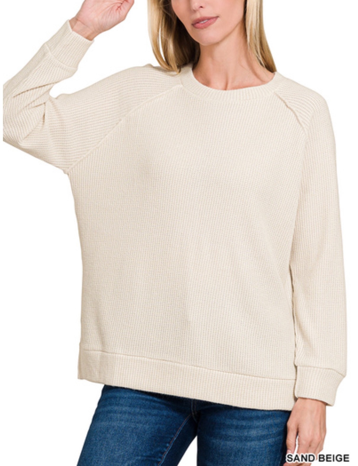 ZENANA 2475 Waffle Knit Top Long Raglan Sleeve Split Sides Sweater
