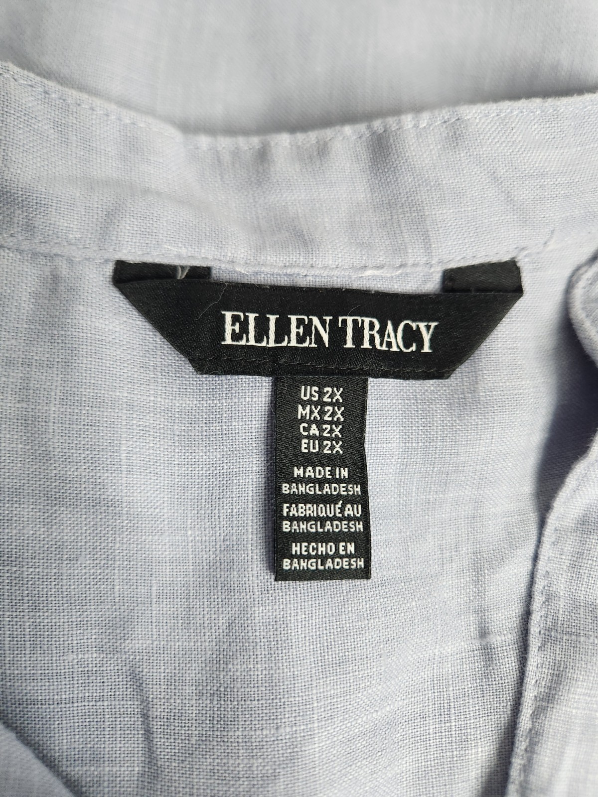 Ellen Tracy Blue 100% Linen Roll Tab Sleeve 1/2 Button Tunic Top Women Size 2X