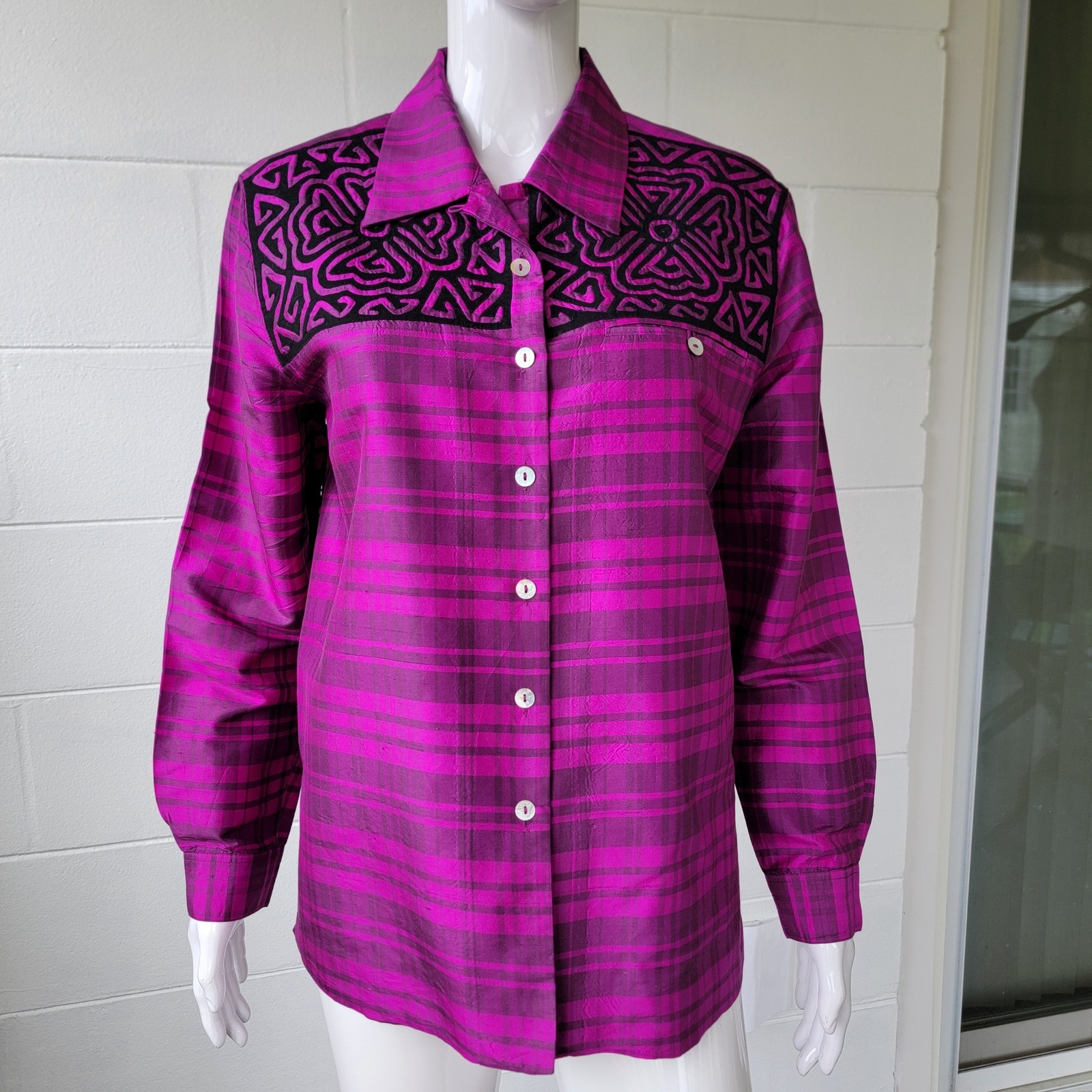 VTG 90s Silk Essentials Button Down Purple Shirt Women’s M Raw Silk Boho Artisan