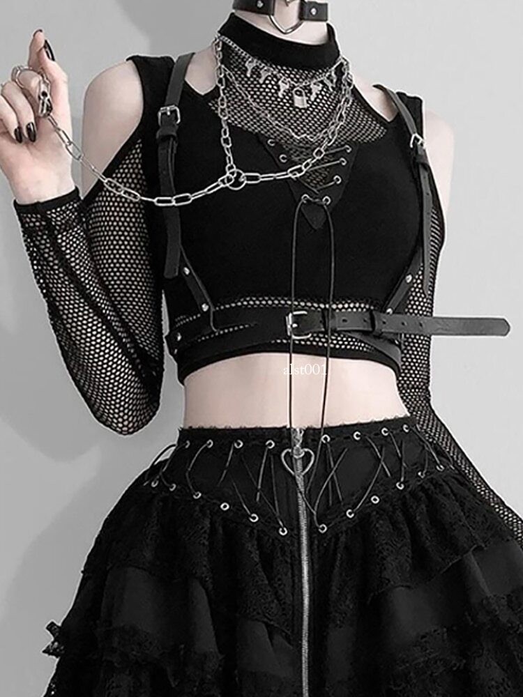 Women SexyT-shirts Mall Gothic Black Bandage Crop Tops Punk Open Shoulder New US