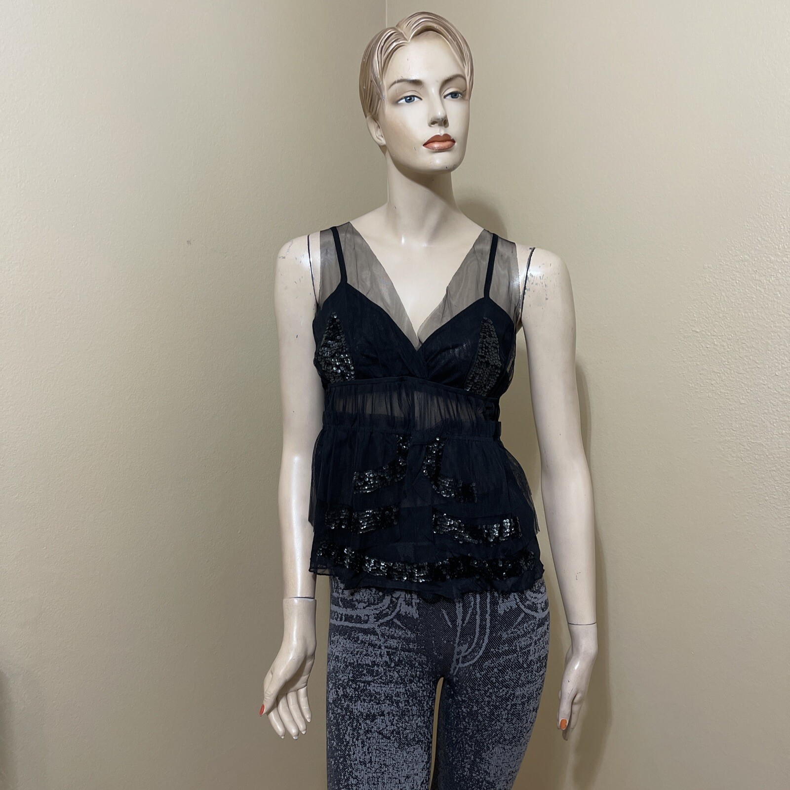 Women’s Black Polyester Cocktail Layered Lace Beaded Pleated Size L Blouse Top