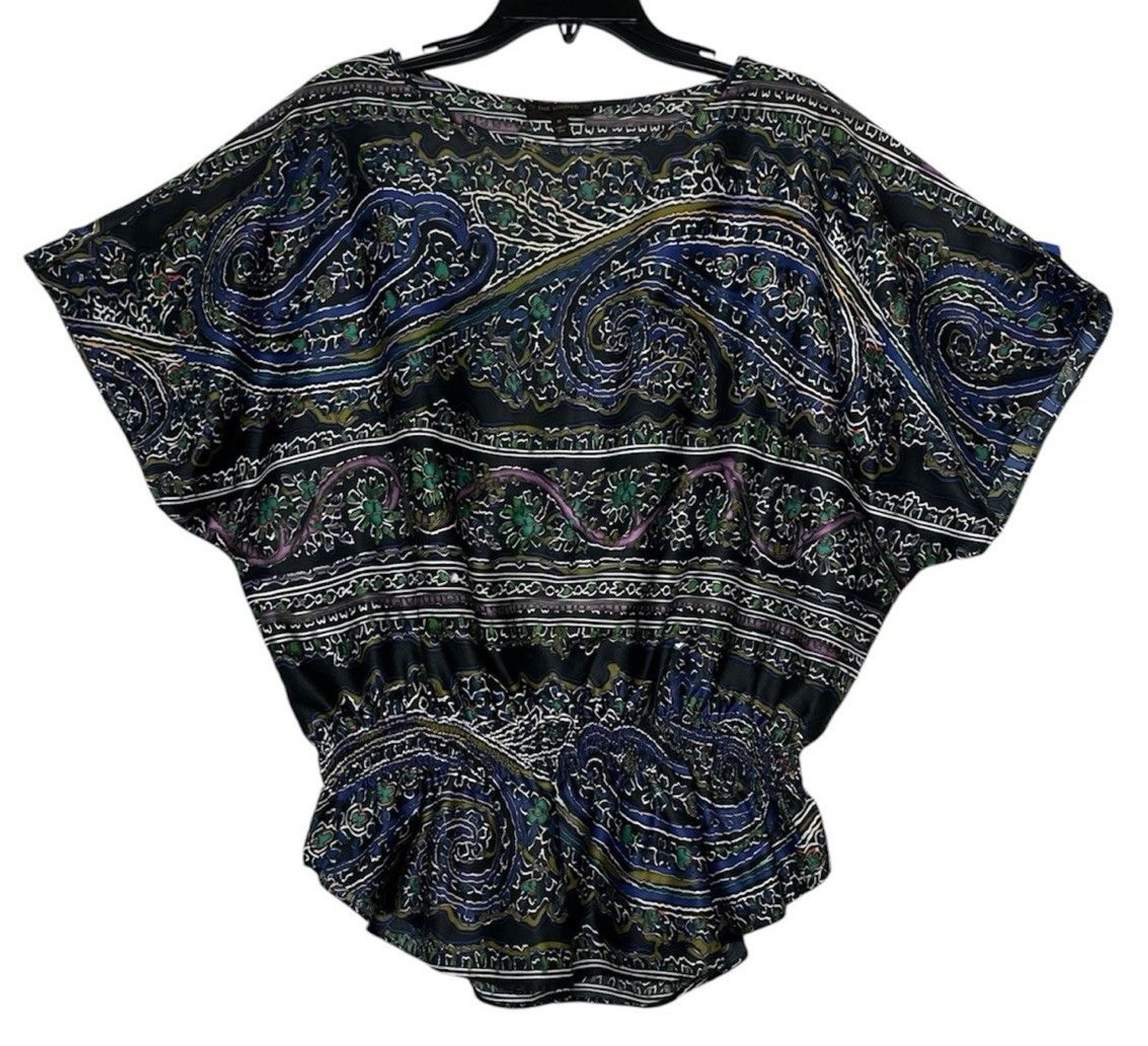 The Limited Silky Black & Purple Paisley Short Sleeve Top, Cinched Waist Size M