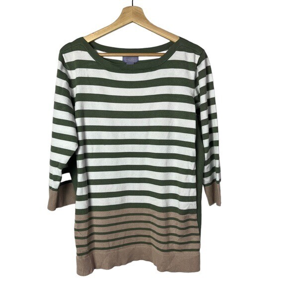 Laura Scott Green & White Stripe Knit 3/4 Long Sleeve 2X