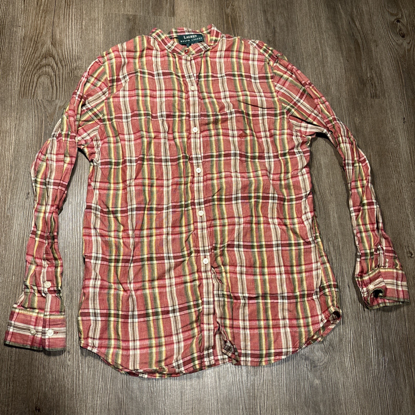LRL Ralph Lauren Shirt 100% Linen Plaid Long Sleeve Button Up Top Red Collarless